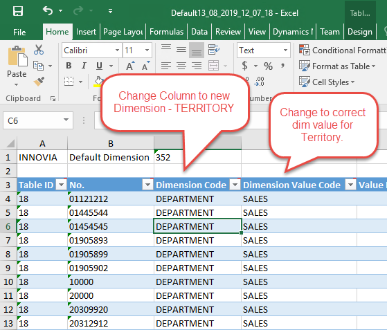 Dimension Code Spreadsheet