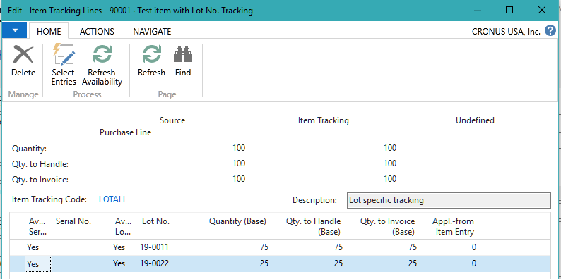 Business Central Item tracking lines