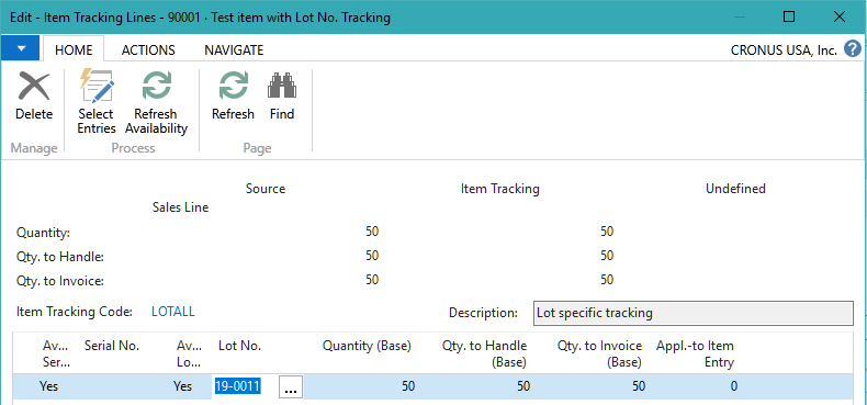 Business Central test item with lot no tracking
