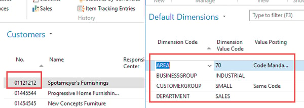 Customer Card Default Dimensions