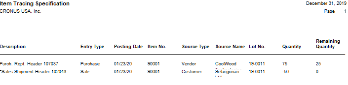 Business Central item tracking specification