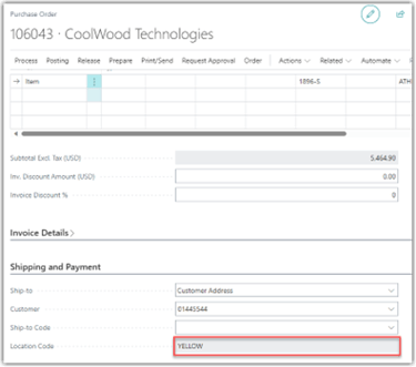 Business Central location code field