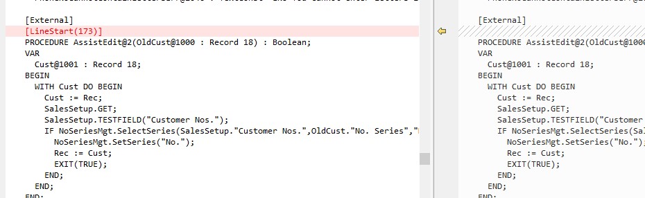 Screenshot of code highlighting LineStart(173)
