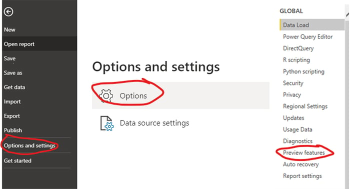 Power BI options and settings menu