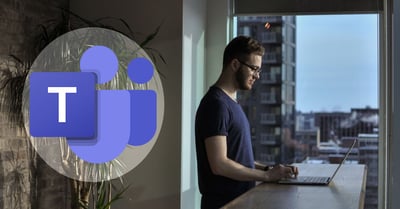 Man working from home in his apartment. Microsoft Teams logo on the left side.