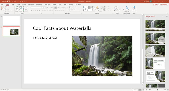 PowerPoint presentation with photo of a waterfall and text "Cool Facts about Waterfalls"