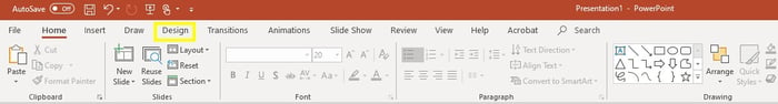PowerPoint Navigation ribbon with "Design" tab highlighted