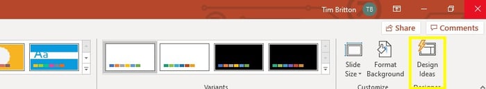 PowerPoint Navigation ribbon on Design tab with "Design Ideas" highlighted