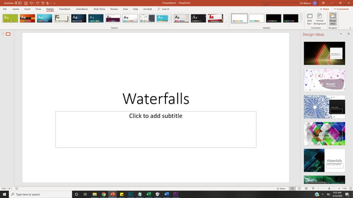 PowerPoint title slide with text "Waterfalls"