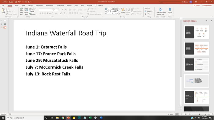 PowerPoint presentation with list of dates and waterfalls