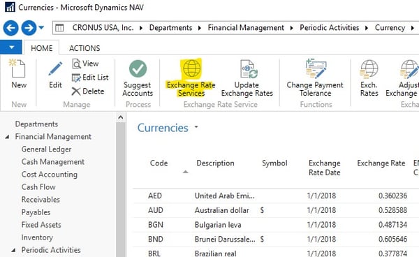 screenshot highlight Exchange Rate Services in NAV