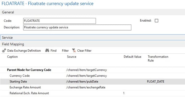 FLOATRATE configuration screen for currency update service screenshot