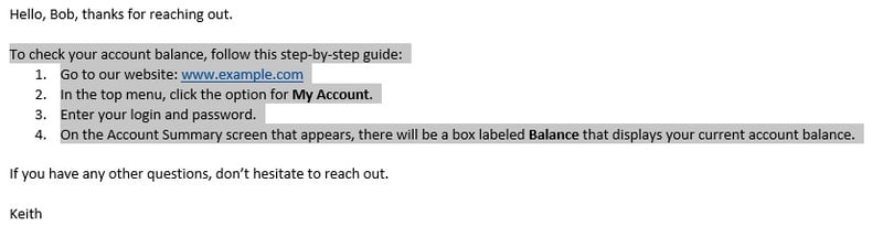 Email message with the body text highlighted