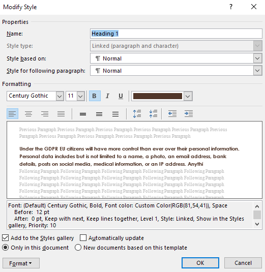 Modify Heading Style Window