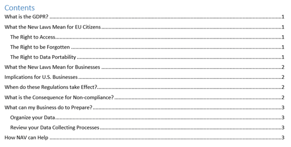 Subheadings in Table of Contents