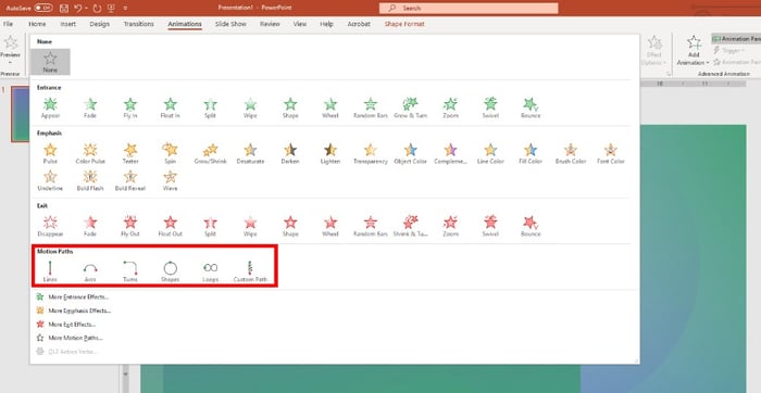 motion paths on animation menu