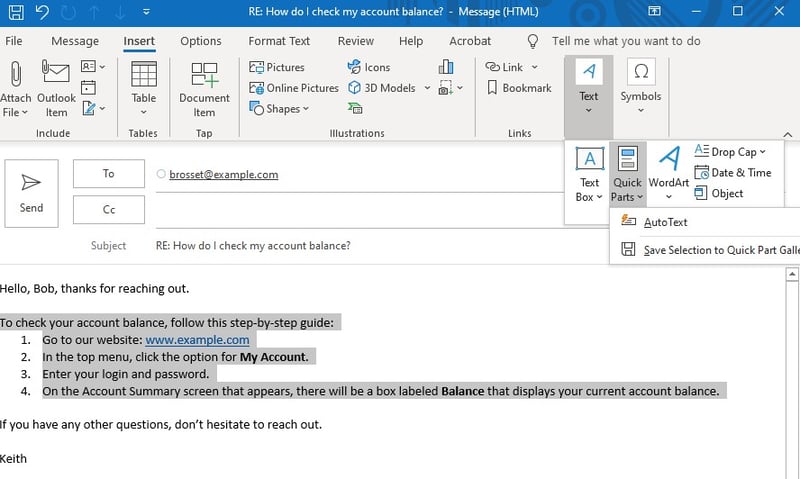 Tutorial image showing where Quick Parts menu is in Outlook